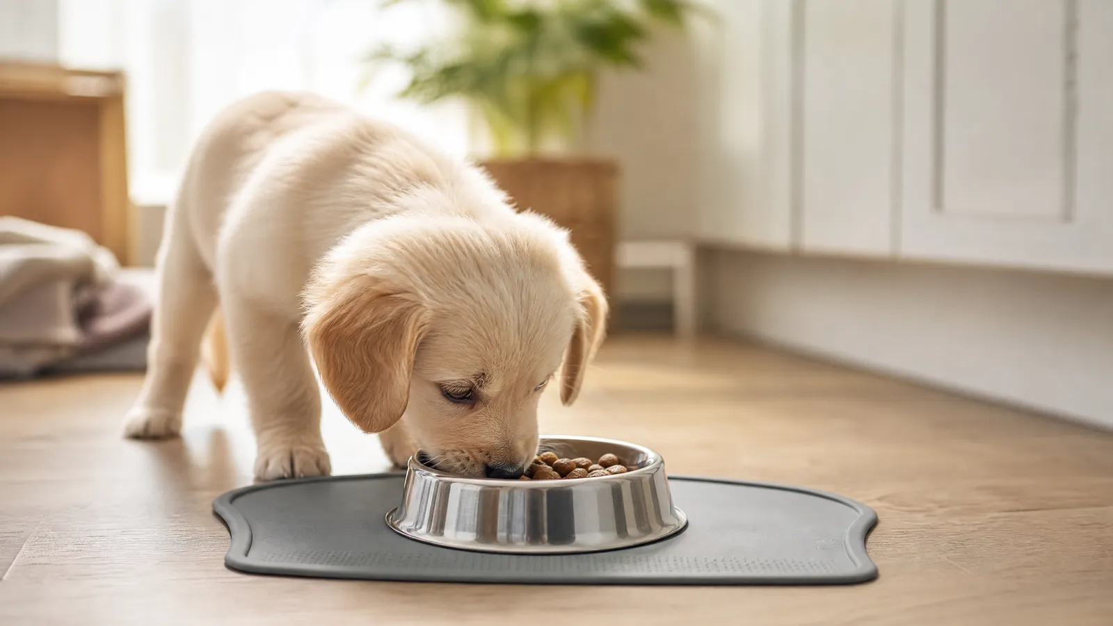 An 8-week-old puppy eating from a small stainless steel bowl on a silicone feeding mat