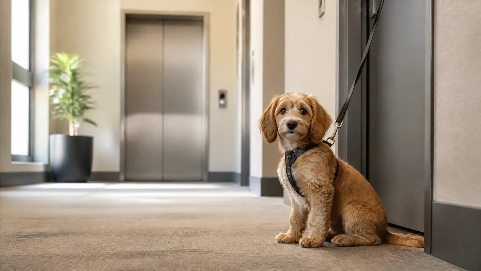 A leashed puppy waiting by an apartment door in a hallway near the elevator
