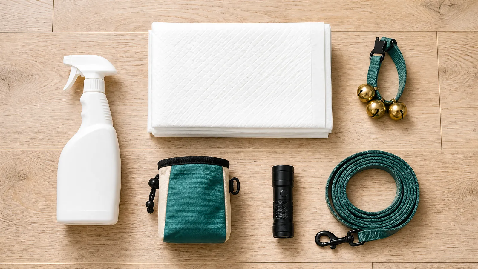 An overhead flat-lay of puppy house-training supplies on a pale wood floor: cleaner, pads, bells, treat pouch, flashlight and leash