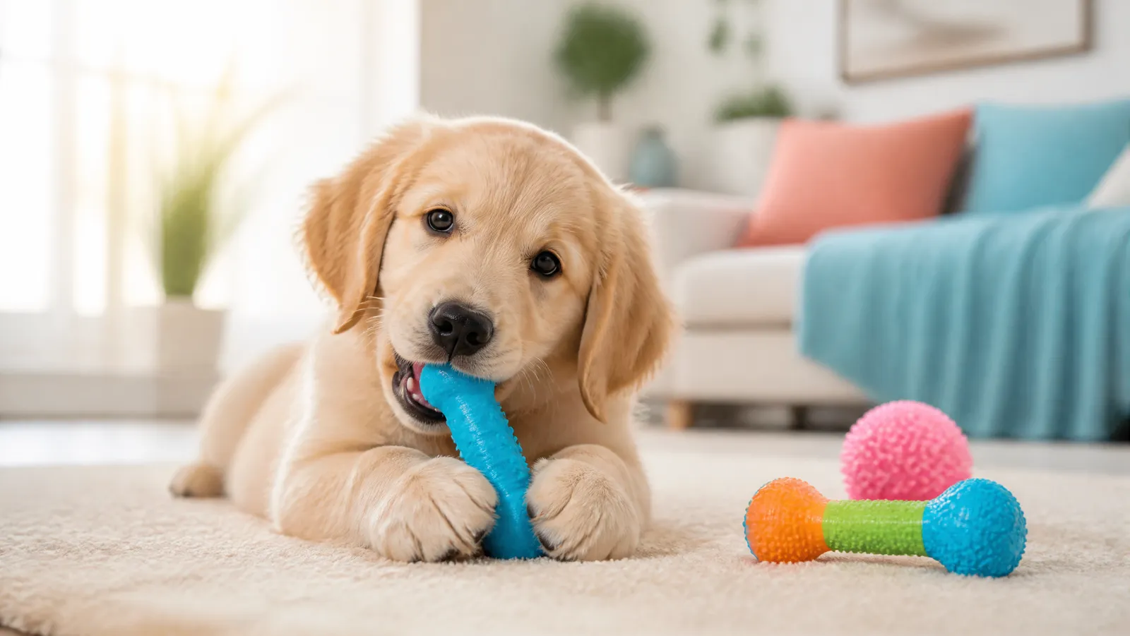 A golden retriever puppy chewing a blue rubber teething toy on a living room rug