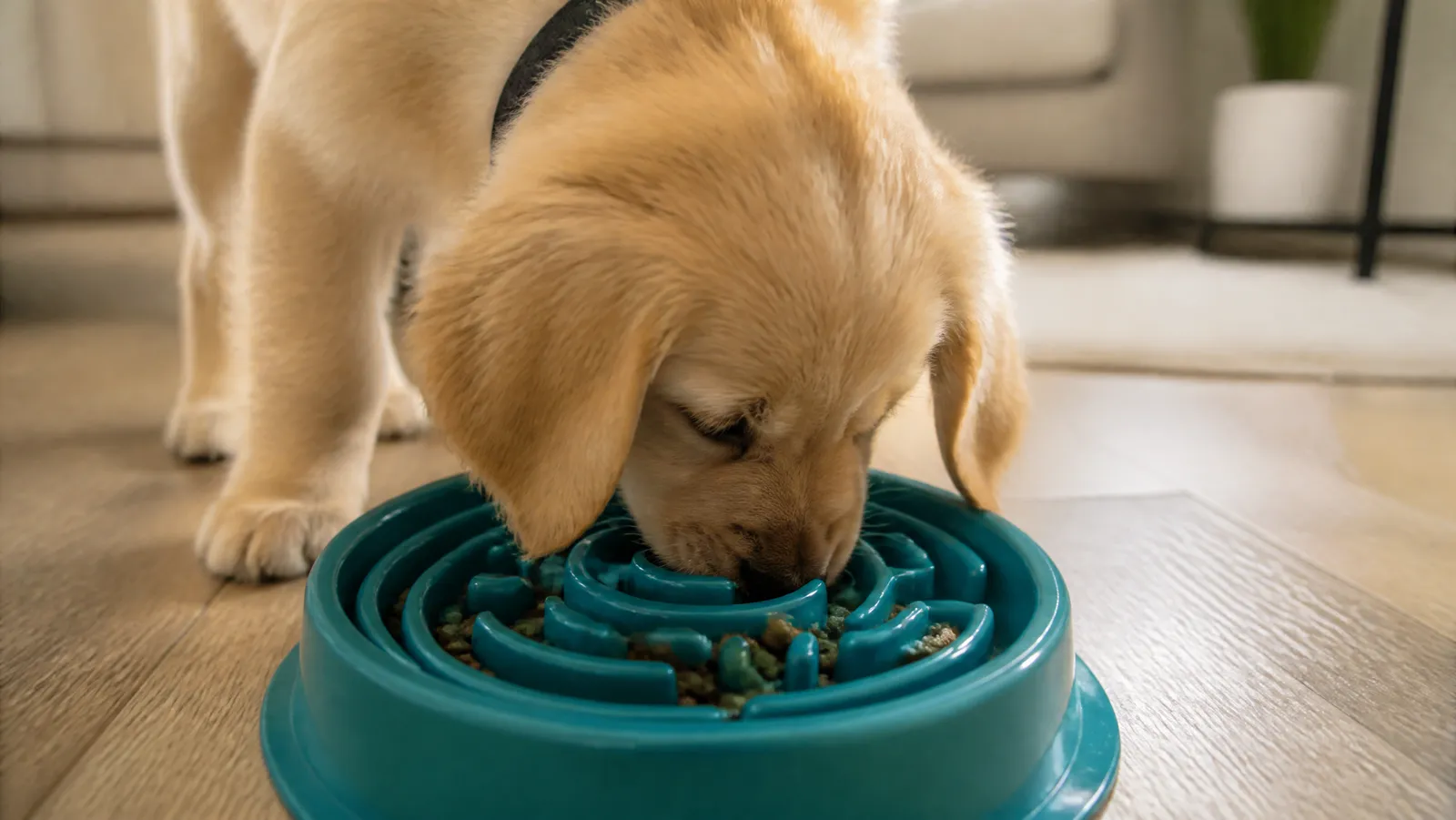 A golden retriever puppy eating kibble from a teal slow feeder maze bowl with raised ridges