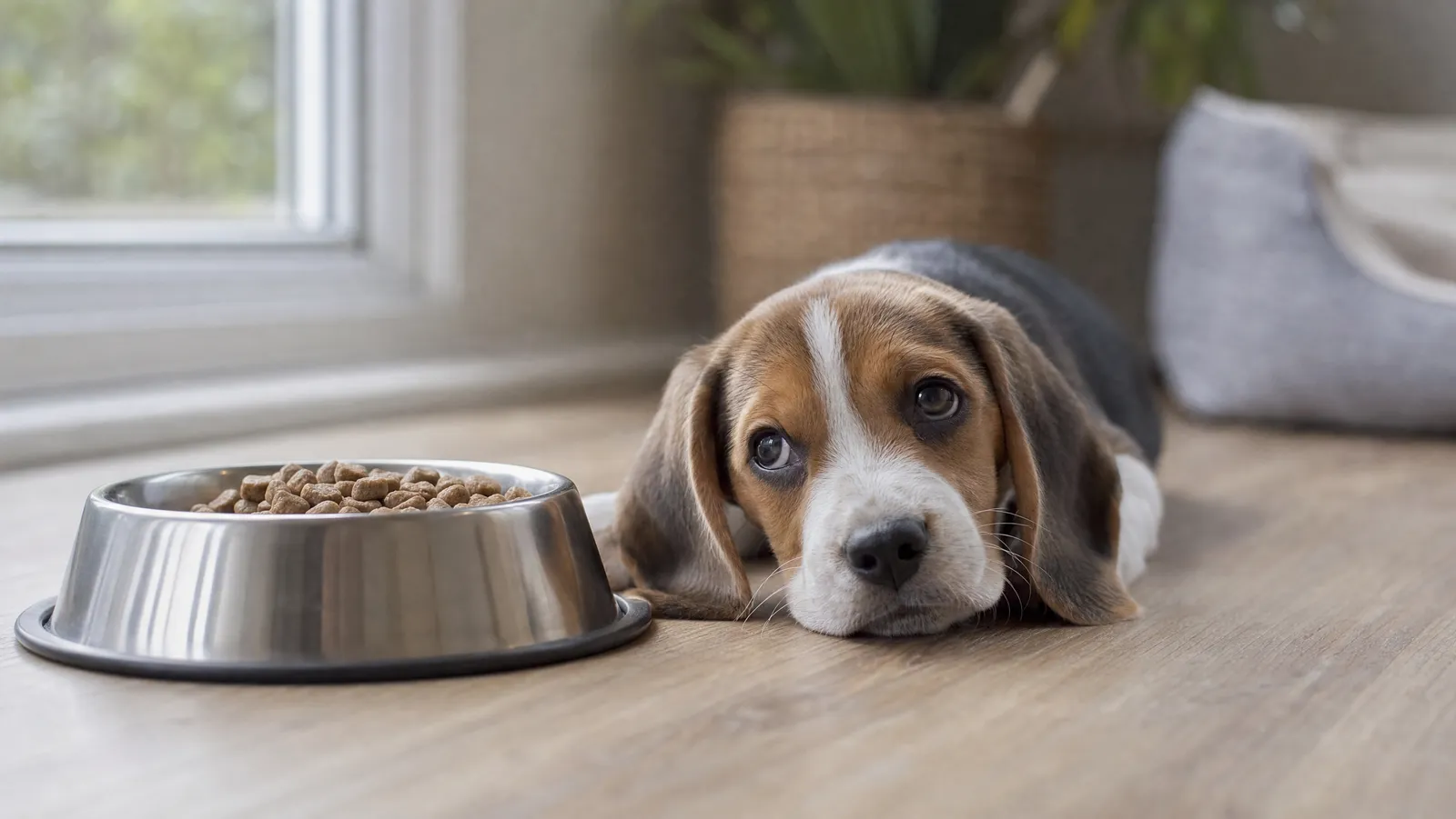 A beagle puppy resting its chin on the floor beside an untouched bowl of kibble