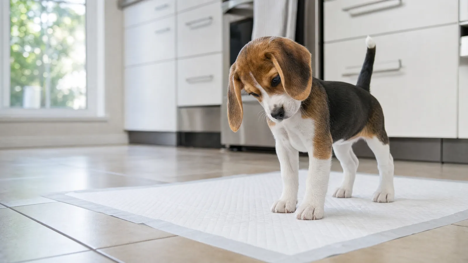 A beagle puppy standing on a white disposable training pad on a tiled kitchen floor, head tilted down toward the pad
