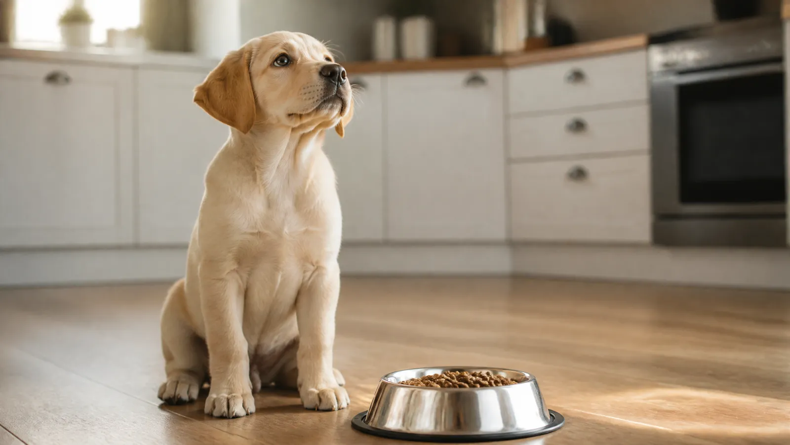 A Labrador puppy sitting beside a freshly filled stainless steel bowl of kibble at mealtime