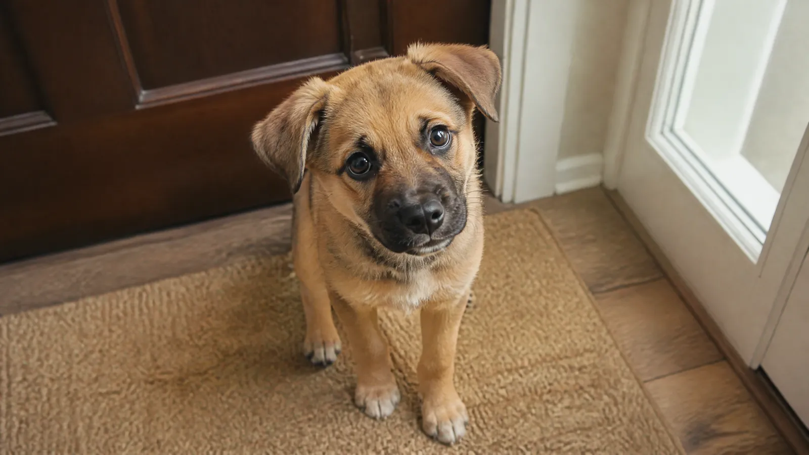 A mixed-breed puppy standing on a doormat by the front door, looking up expectantly