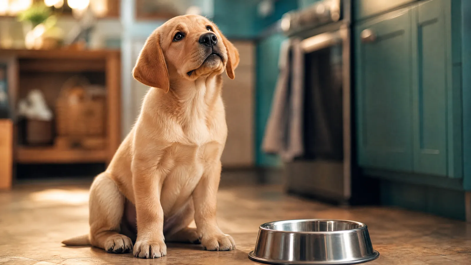 A labrador puppy waiting expectantly beside an empty food bowl