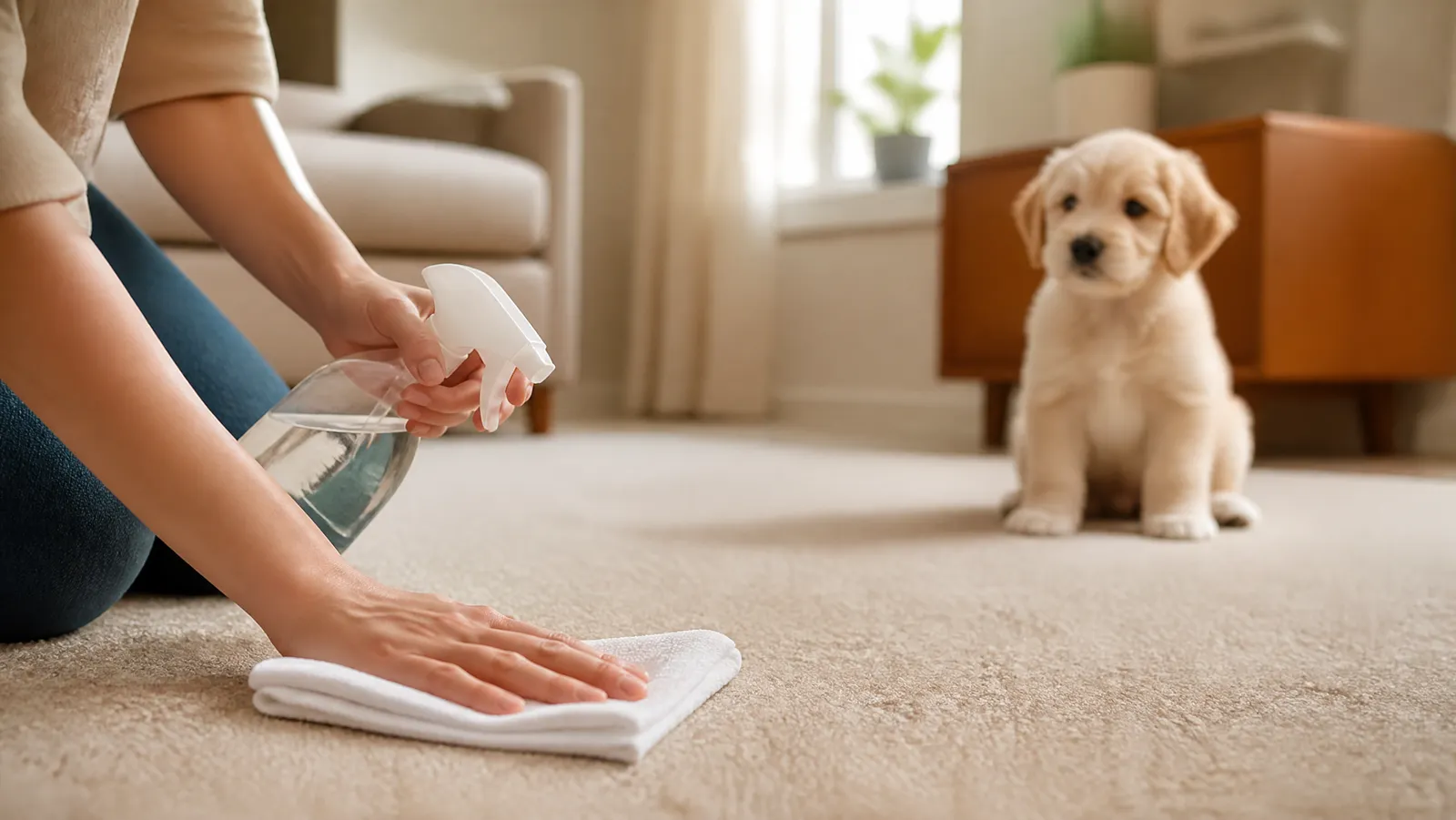 Hands blotting a carpet with a cloth beside a spray bottle, a puppy watching nearby