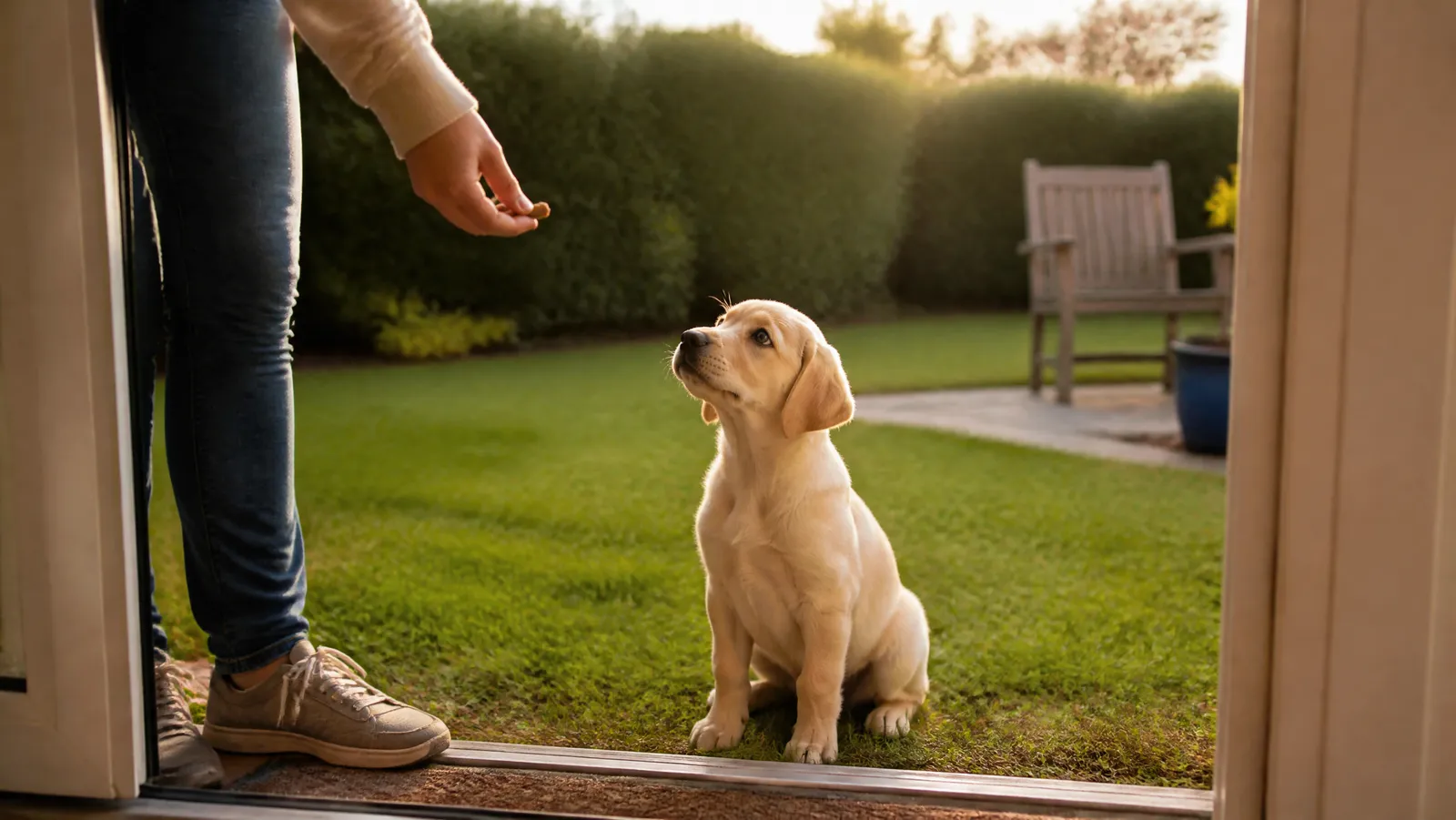 A young Labrador puppy sitting on the grass just outside an open patio door in morning light