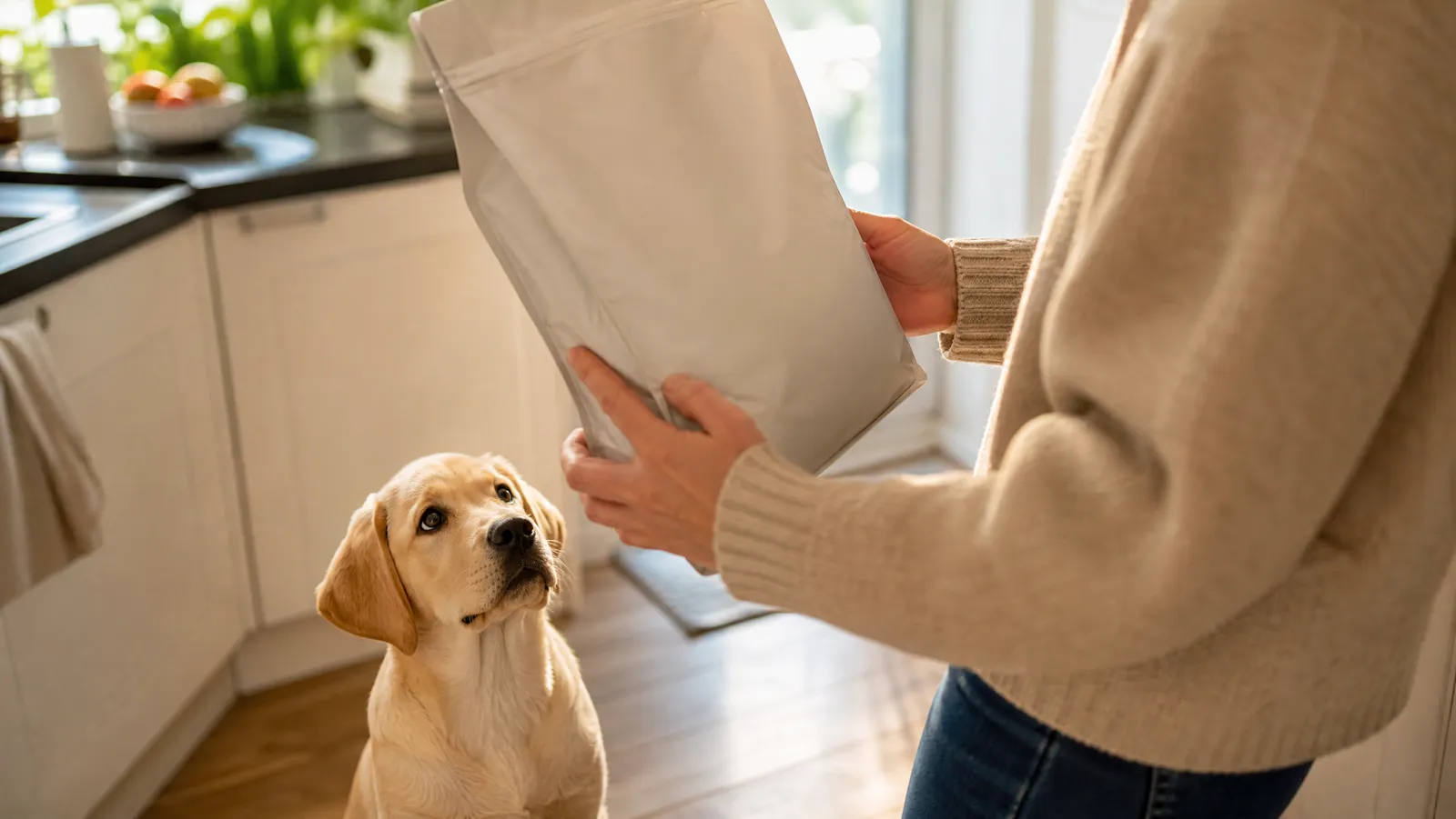 An owner reading the back panel of a dog food bag while their labrador puppy watches