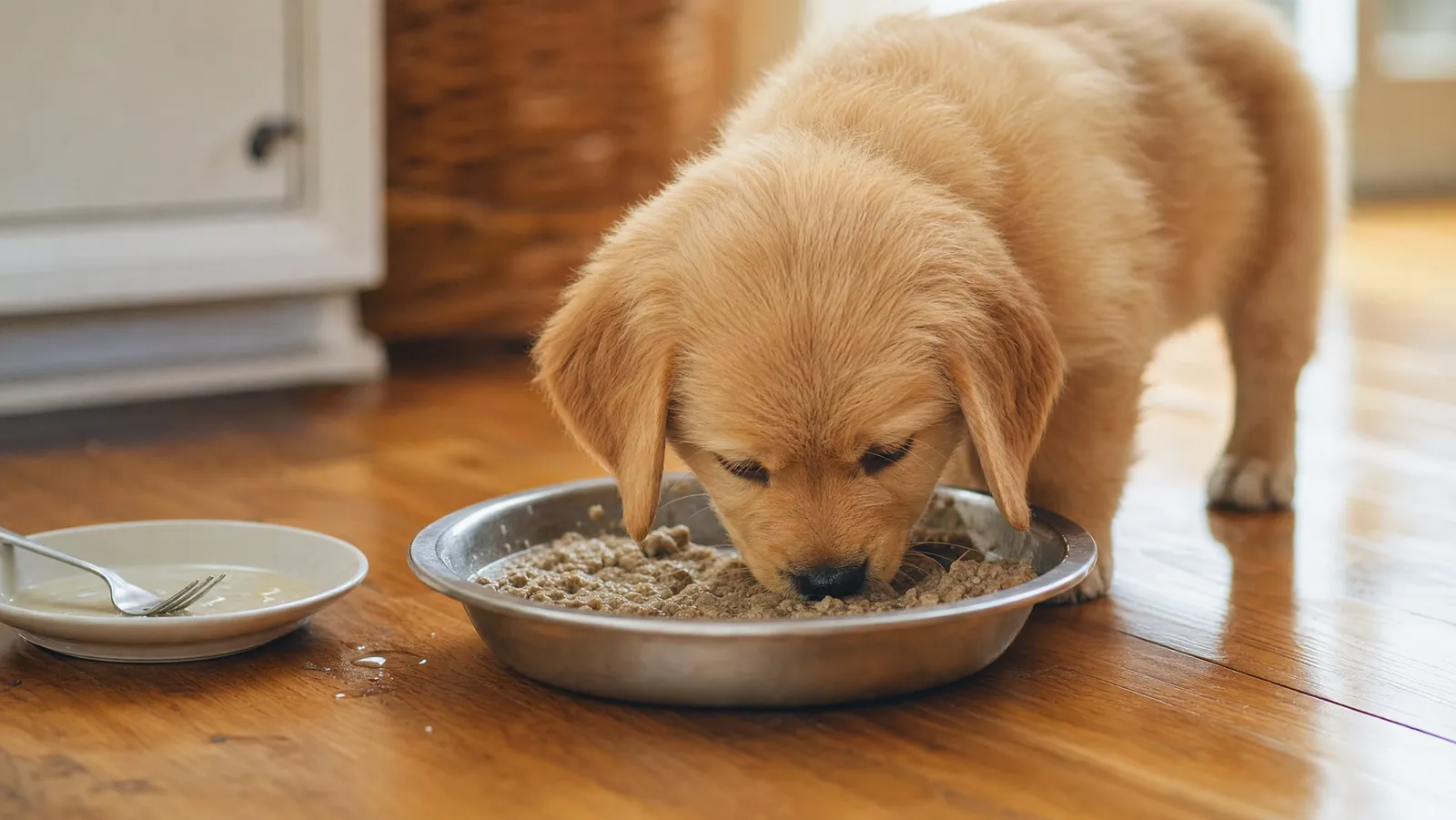 A golden retriever puppy eating softened kibble gruel from a shallow stainless steel weaning bowl