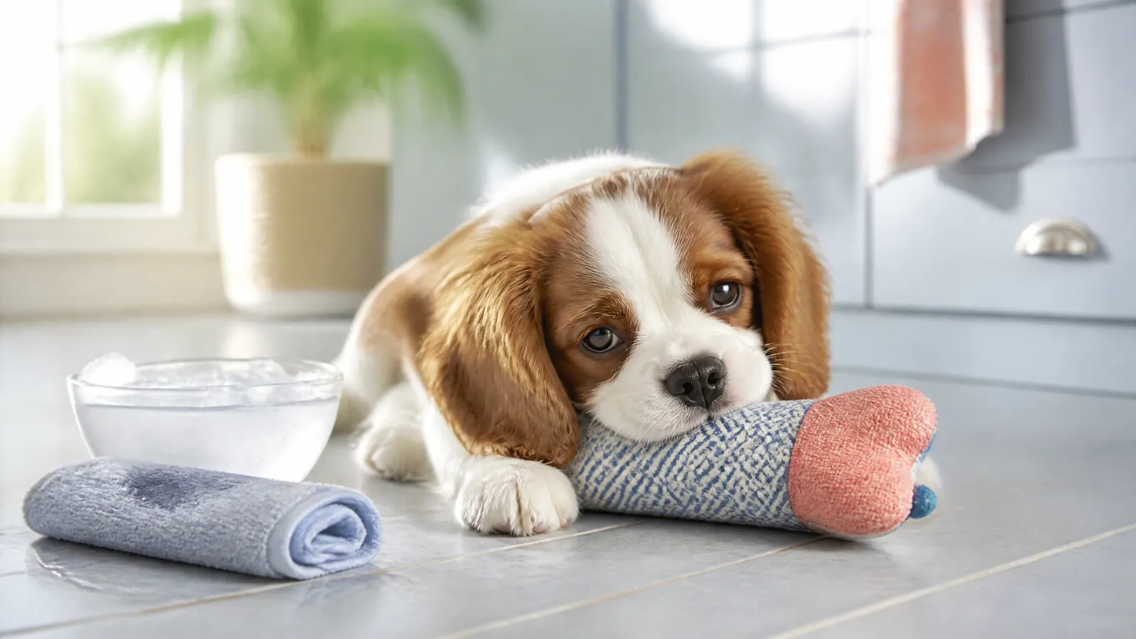 A cavalier spaniel puppy gnawing a frozen teething toy on a cool kitchen floor