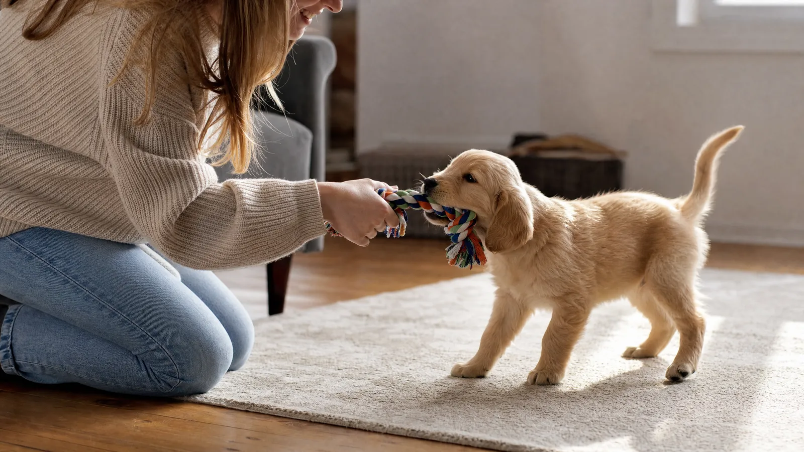 A person offering a rope tug toy to an eager puppy on a living-room rug, redirecting its mouth onto the toy