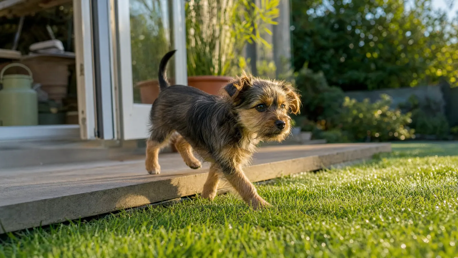 A terrier mix puppy stepping from a patio doorway onto dewy backyard grass in early morning sunlight