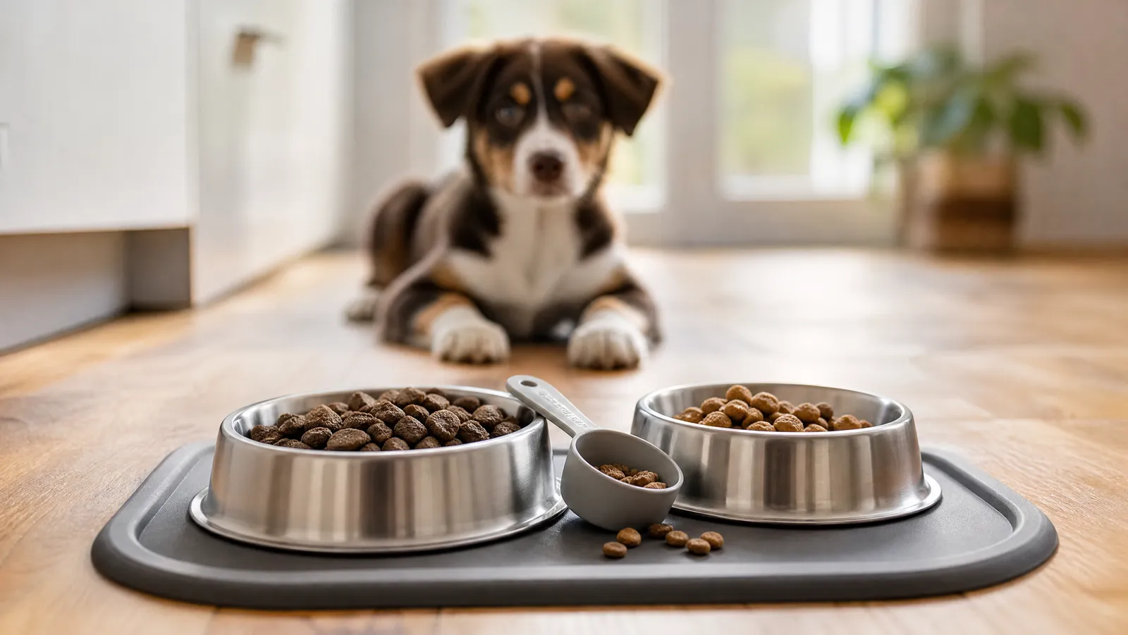 Two bowls of different kibble being mixed with a measuring scoop during a food transition