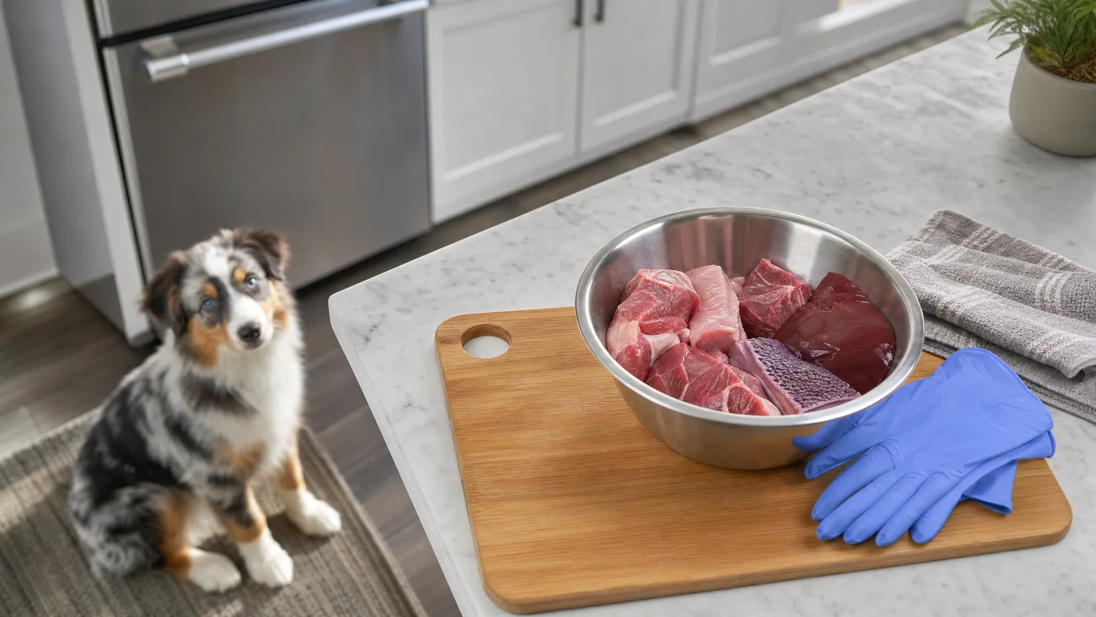 Raw meat portions in a stainless steel bowl on a clean kitchen counter while a puppy watches from the floor