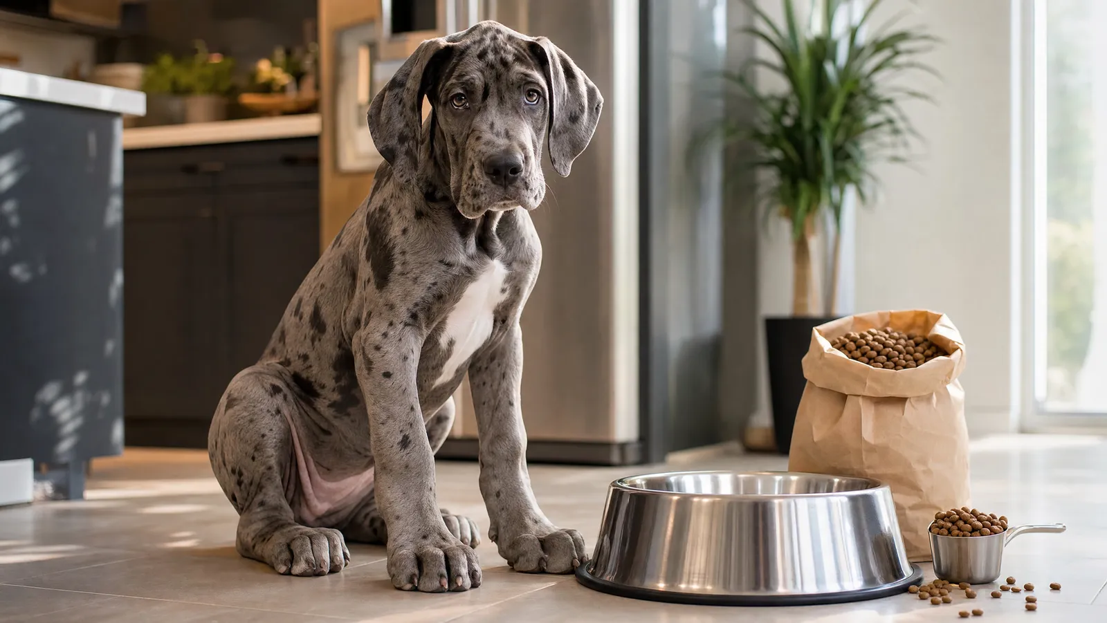 A Great Dane puppy with oversized paws sitting beside a large food bowl, kibble bag, and measuring scoop
