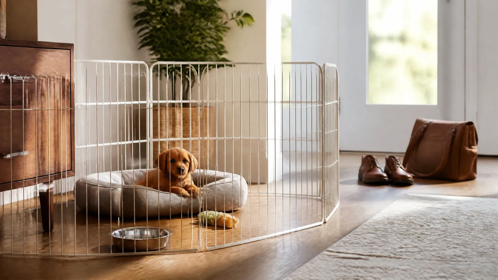 A puppy resting in a roomy exercise pen in a sunlit living room