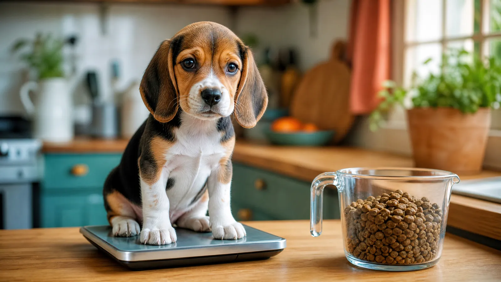 A beagle puppy sitting beside a measuring cup of kibble on a kitchen counter