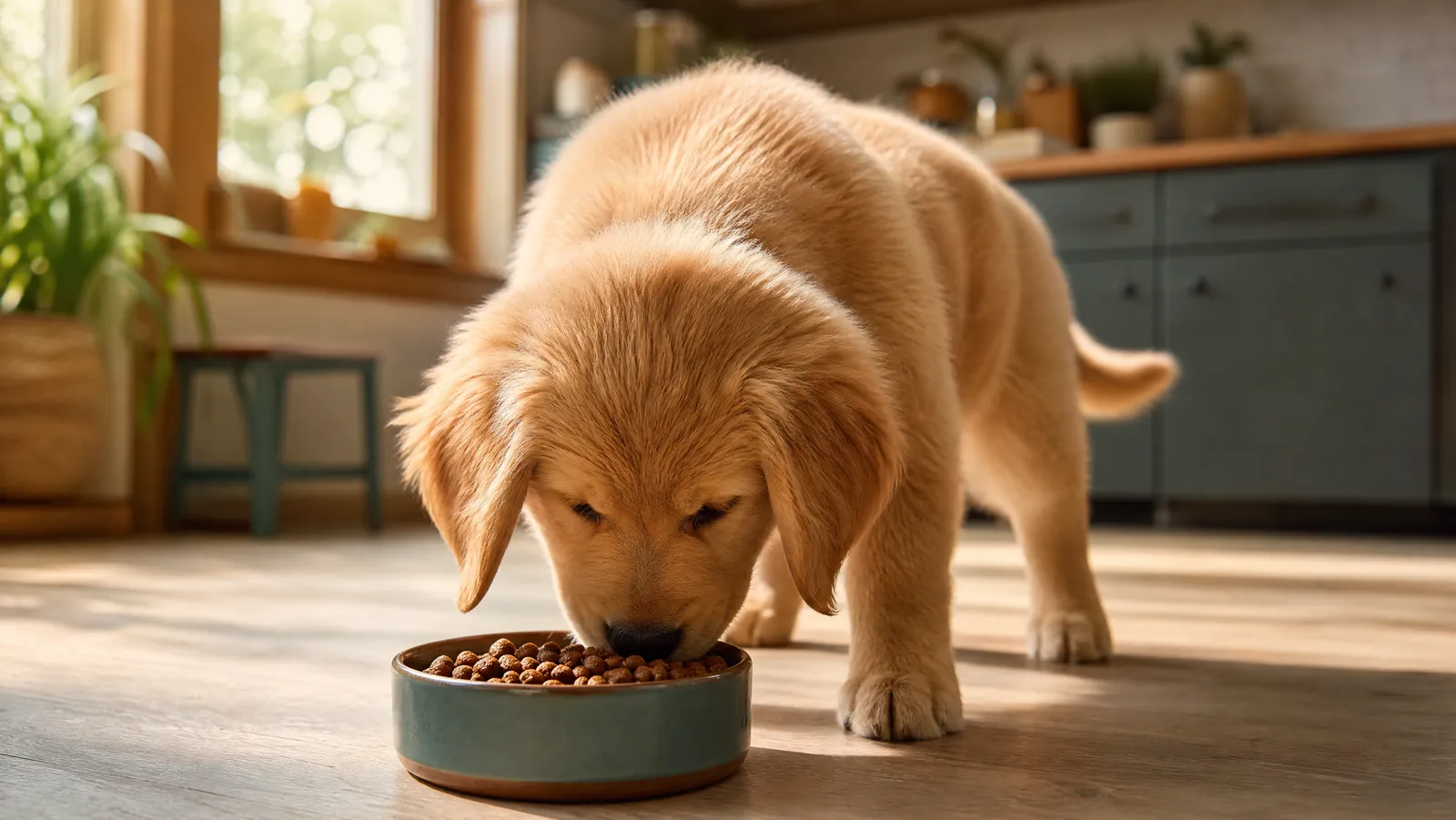 A golden retriever puppy eating kibble from a ceramic bowl in a sunlit kitchen