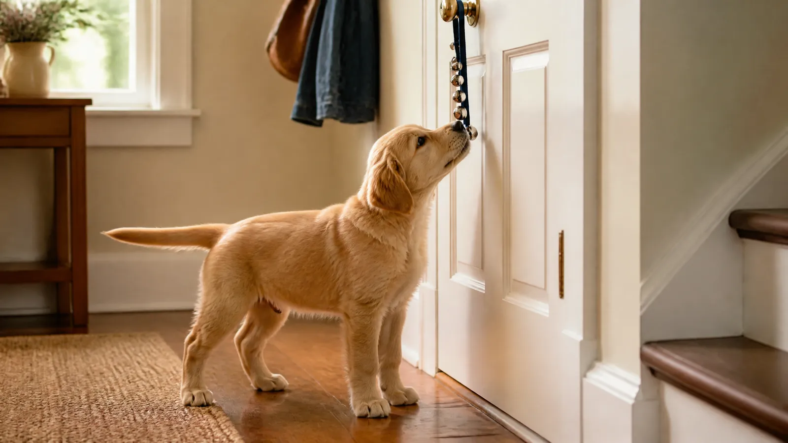 A puppy nosing a strip of jingle bells hanging from a door handle