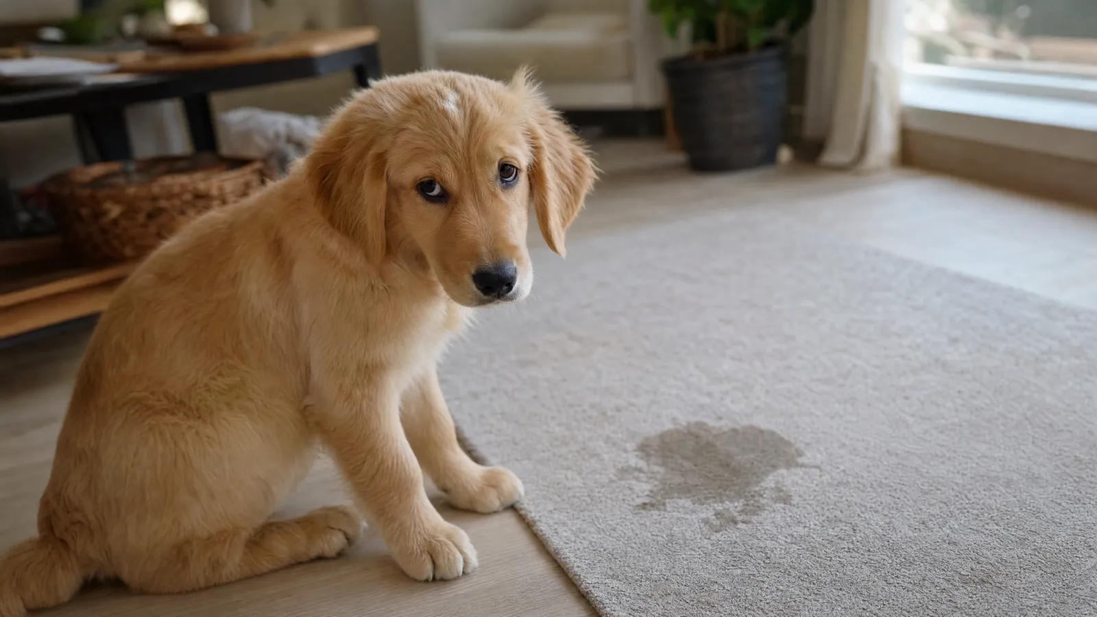 A golden retriever puppy sitting on a hardwood floor beside a damp patch on a light grey rug, looking up at the camera