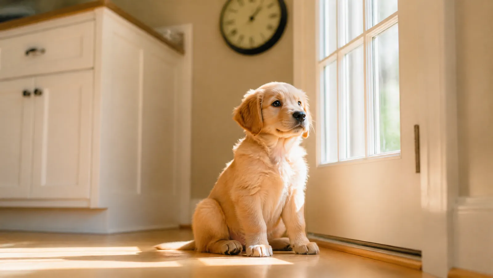A golden retriever puppy waiting patiently by the back door of a sunlit kitchen