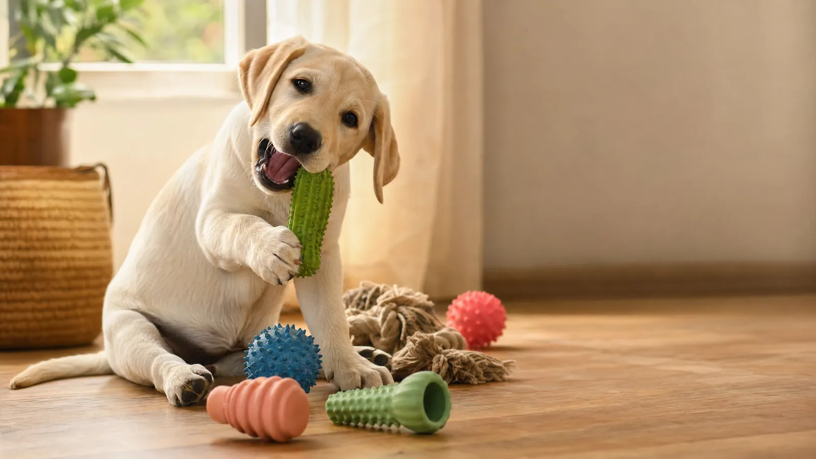 A four-month-old labrador puppy chewing a rubber toy beside a pile of chew toys on a sunlit wooden floor