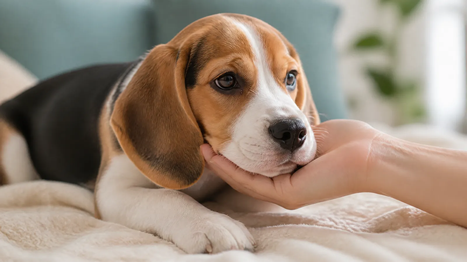 A calm beagle puppy resting its chin on its owner's open palm