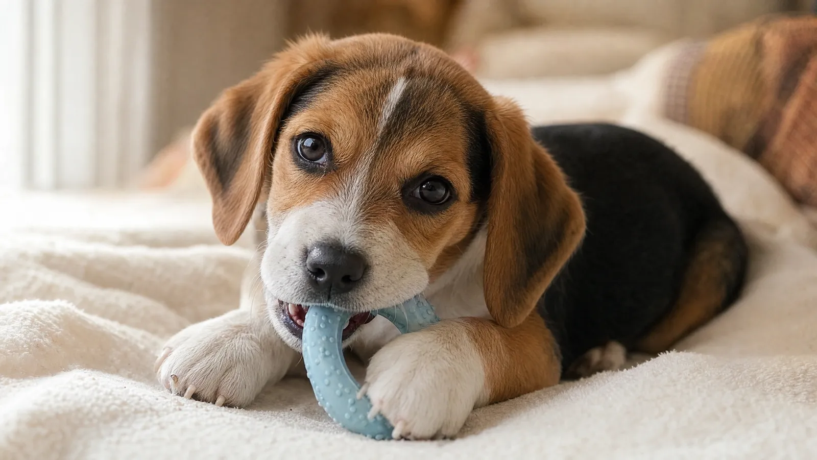 A young puppy lying on a blanket chewing a chilled rubber teething ring, baby teeth visible