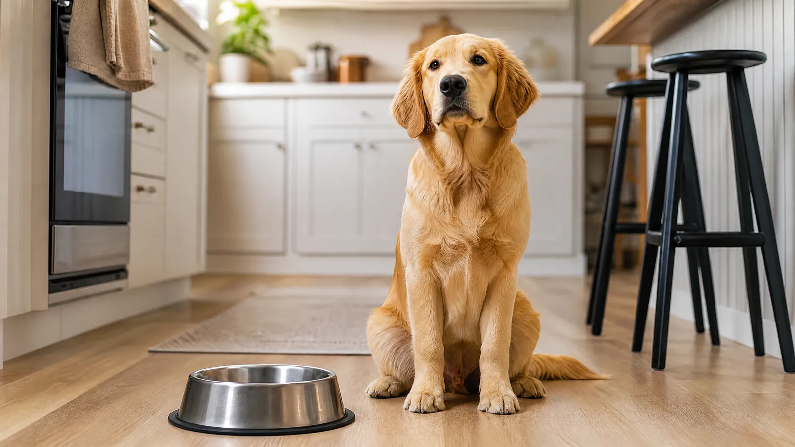 An adolescent golden retriever sitting beside an empty food bowl in a warm kitchen