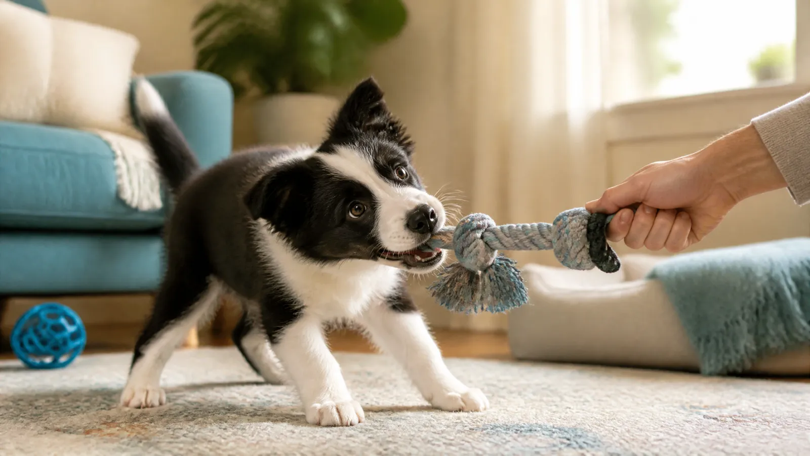 A border collie puppy playfully mouthing a knotted rope tug toy held by its owner