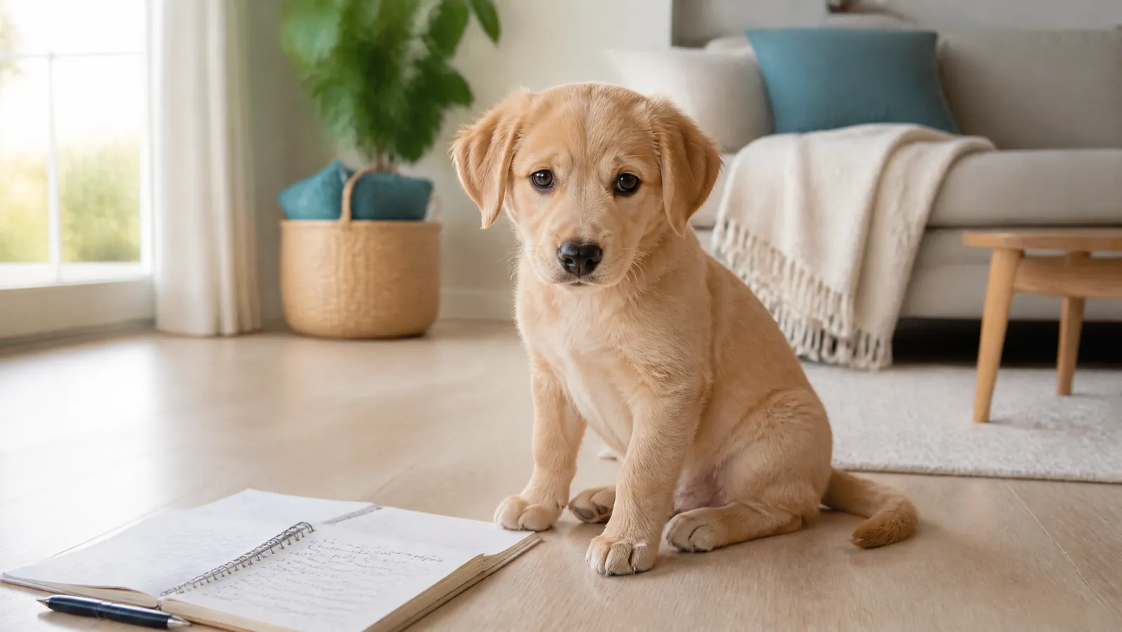 A young golden puppy sitting on a hardwood floor beside an open notebook, looking up at its owner